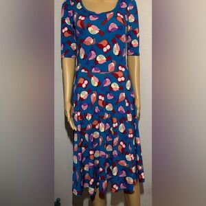 LuLaRoe Nicole dress, blue background with a vibrant bird/ owl print. Sz.S